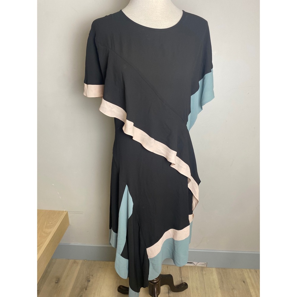 BCBGMAXAZRIA Black Colorblock Asymmetric Ruffle Midi Dress Y2K Teal Peach Sz 8